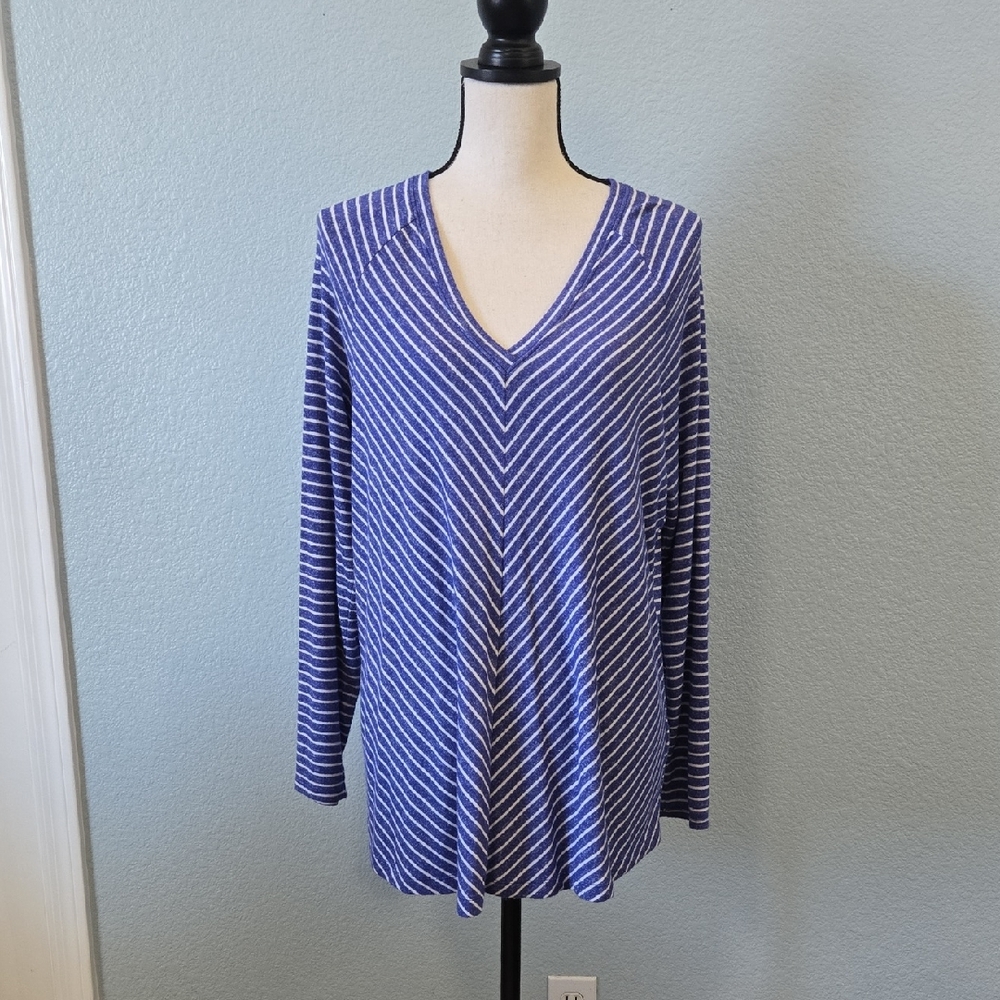 NIC+ZOE Navy and White Striped Long Sleeve Top Sweater Vneck Sz XL
